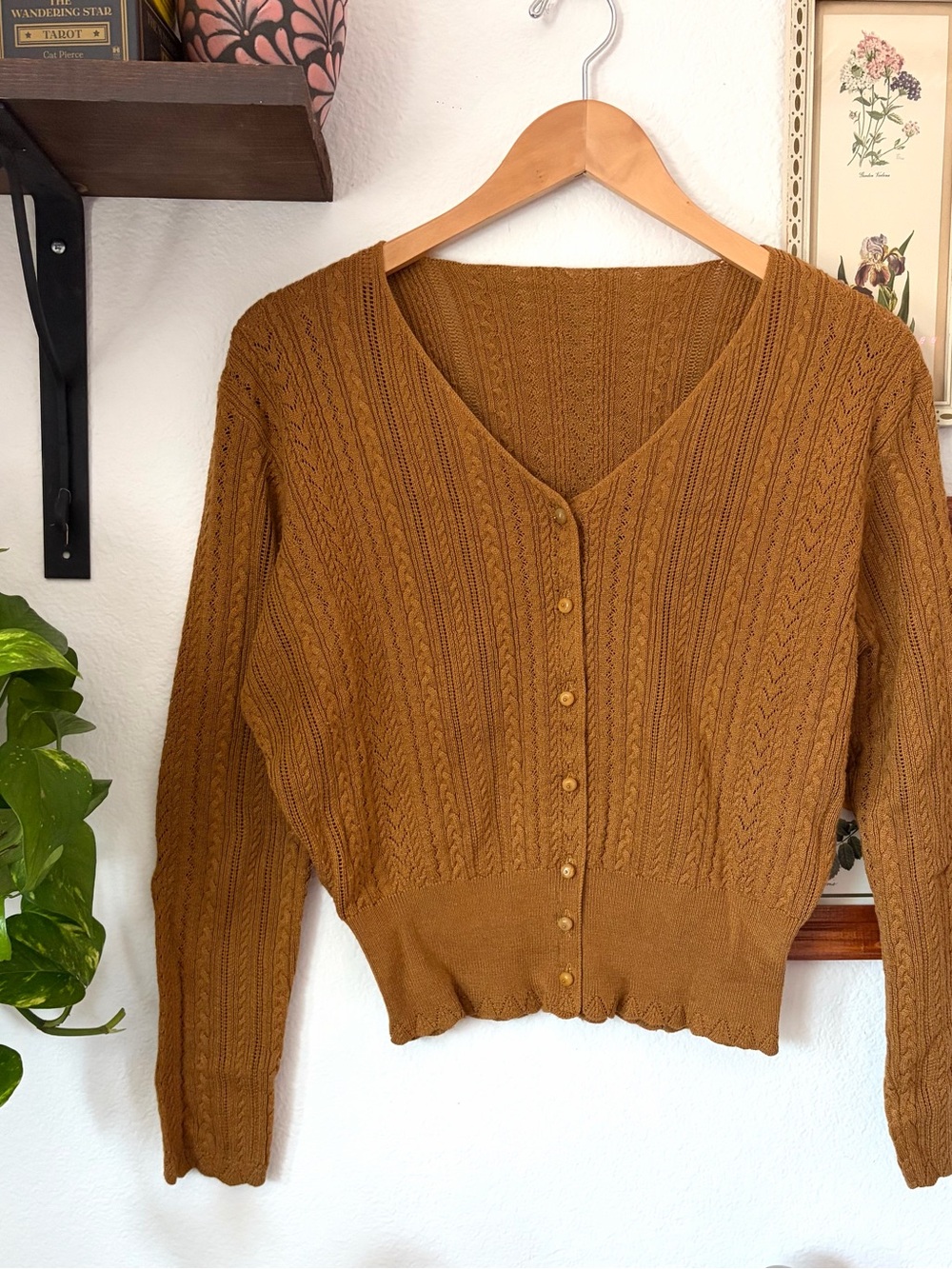 Simple Retro Brown V-Neck Button Front Cable Knit Sweater Cardigan - Small